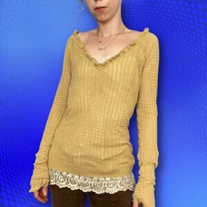 Sheer grunge ruffle knit sweater shirt in celery yellow green cotton, size M